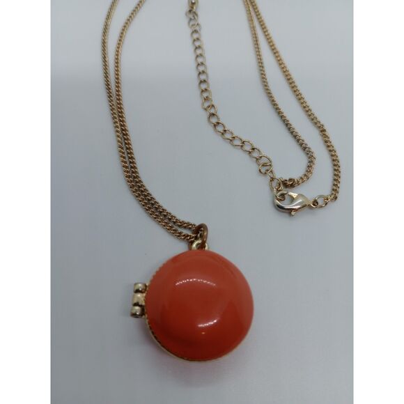 Vintage Red Orange Enamel Locke Pendant Gold Tone 24-27" Chain Necklace - Picture 3 of 7